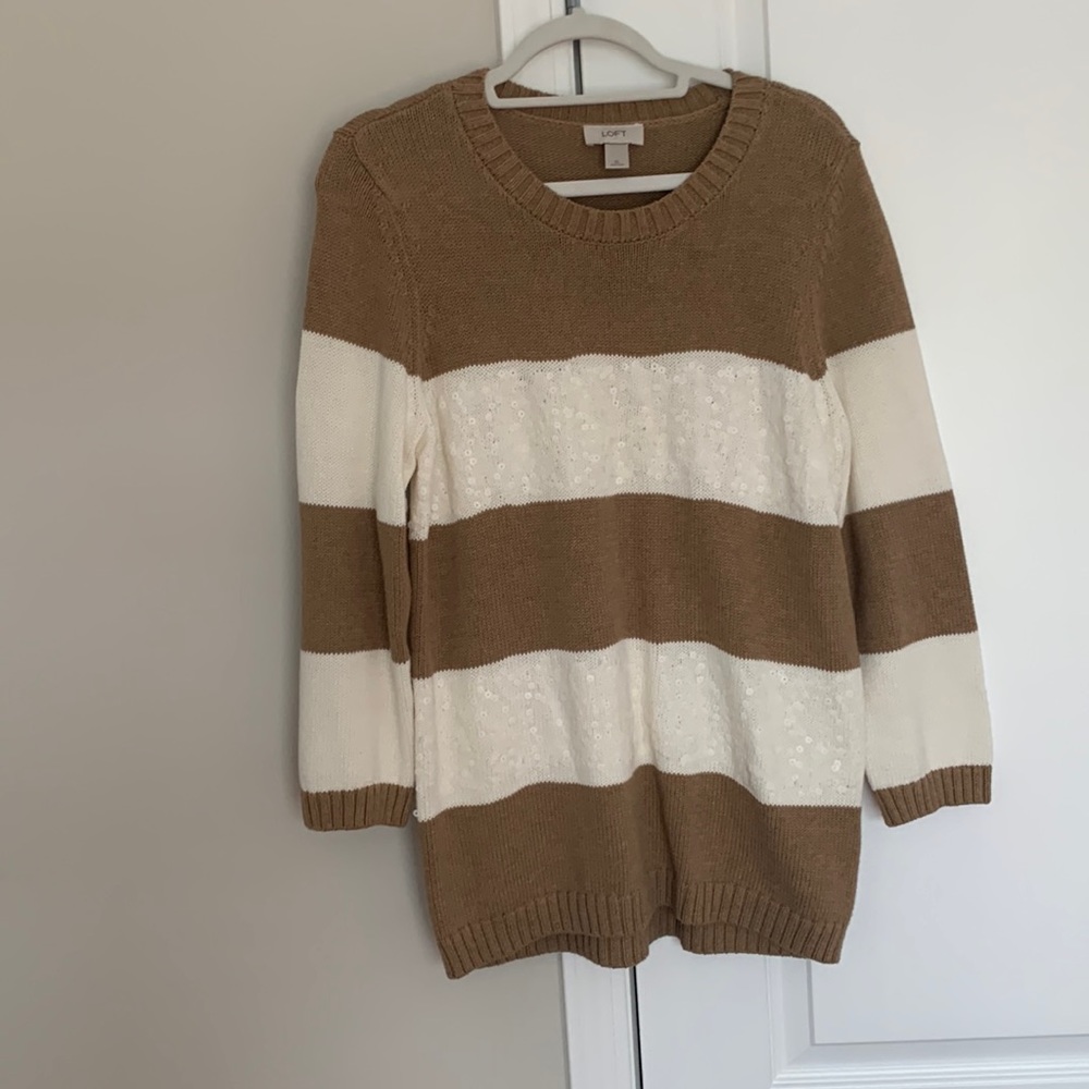 Loft tan and white sweater with sequins